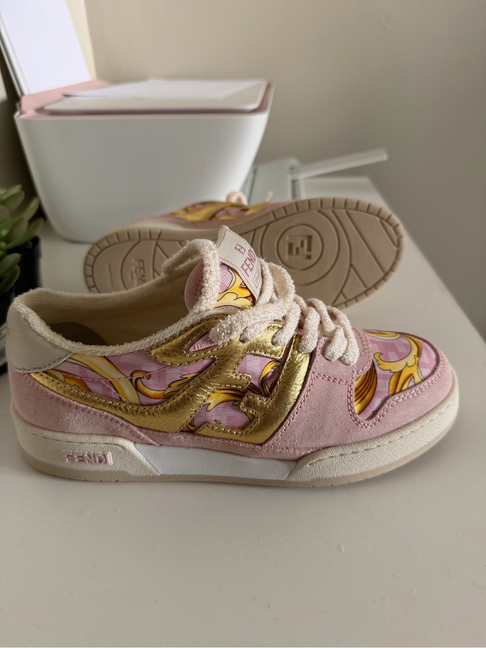 Fendi Fendace woman’s Pink & Gold Decorative Low-Top Sneakers